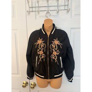 Forever 21 Womens Black Bomber Jacket with Floral Embroidery S